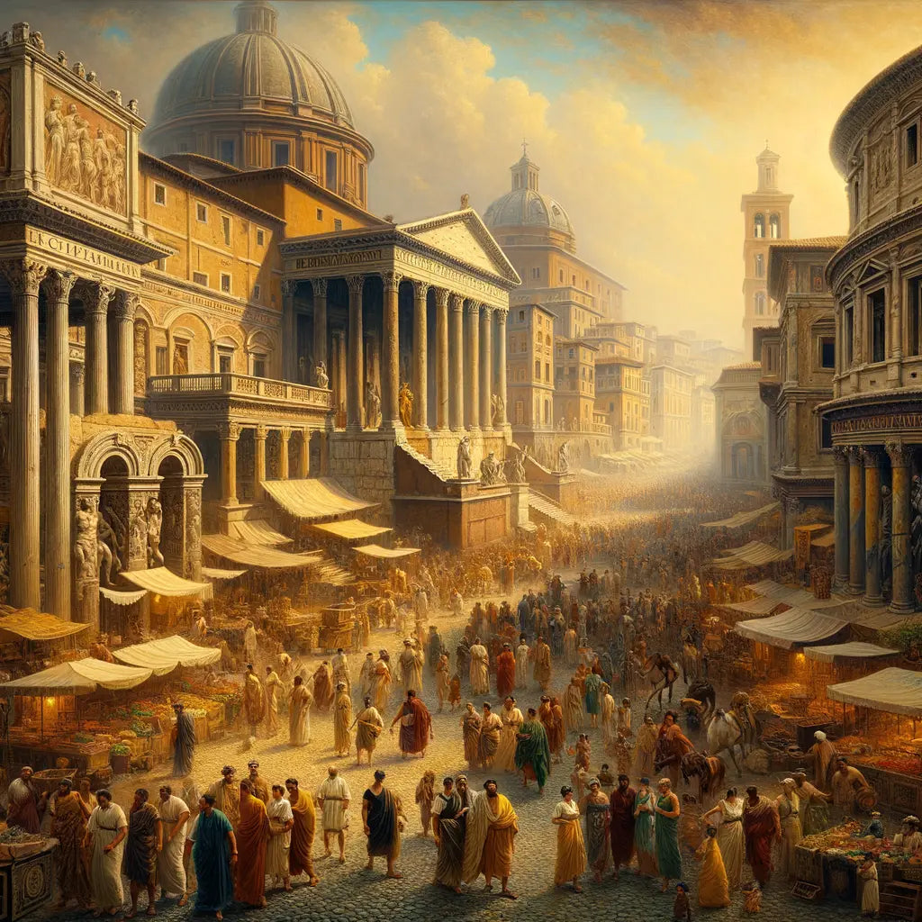 A lively ancient Roman street scene with diverse people, emperor statues, and colorful frescoes and mosaics in classic 1960s epic film style.