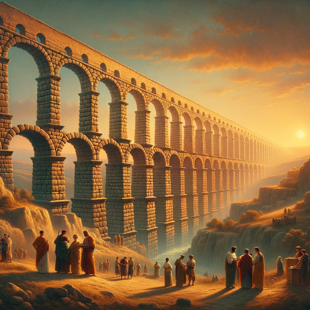 A grand Roman aqueduct at sunset, symbolizing ancient engineering mastery and its inherent flaws due to lead use, surrounded by Roman engineers and workers.