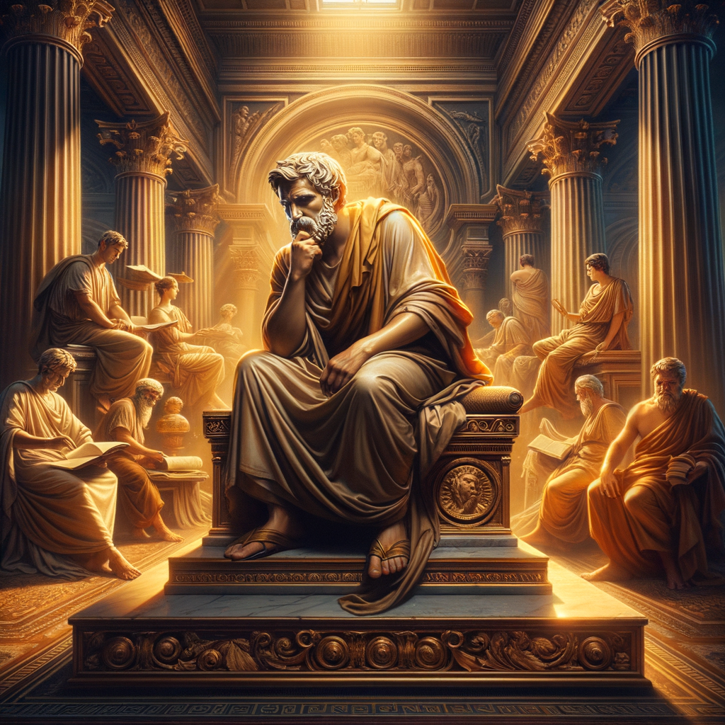 Marcus Aurelius seated in contemplation amidst the grandeur of the Roman Empire, in a style inspired by classic 1960s epic films.