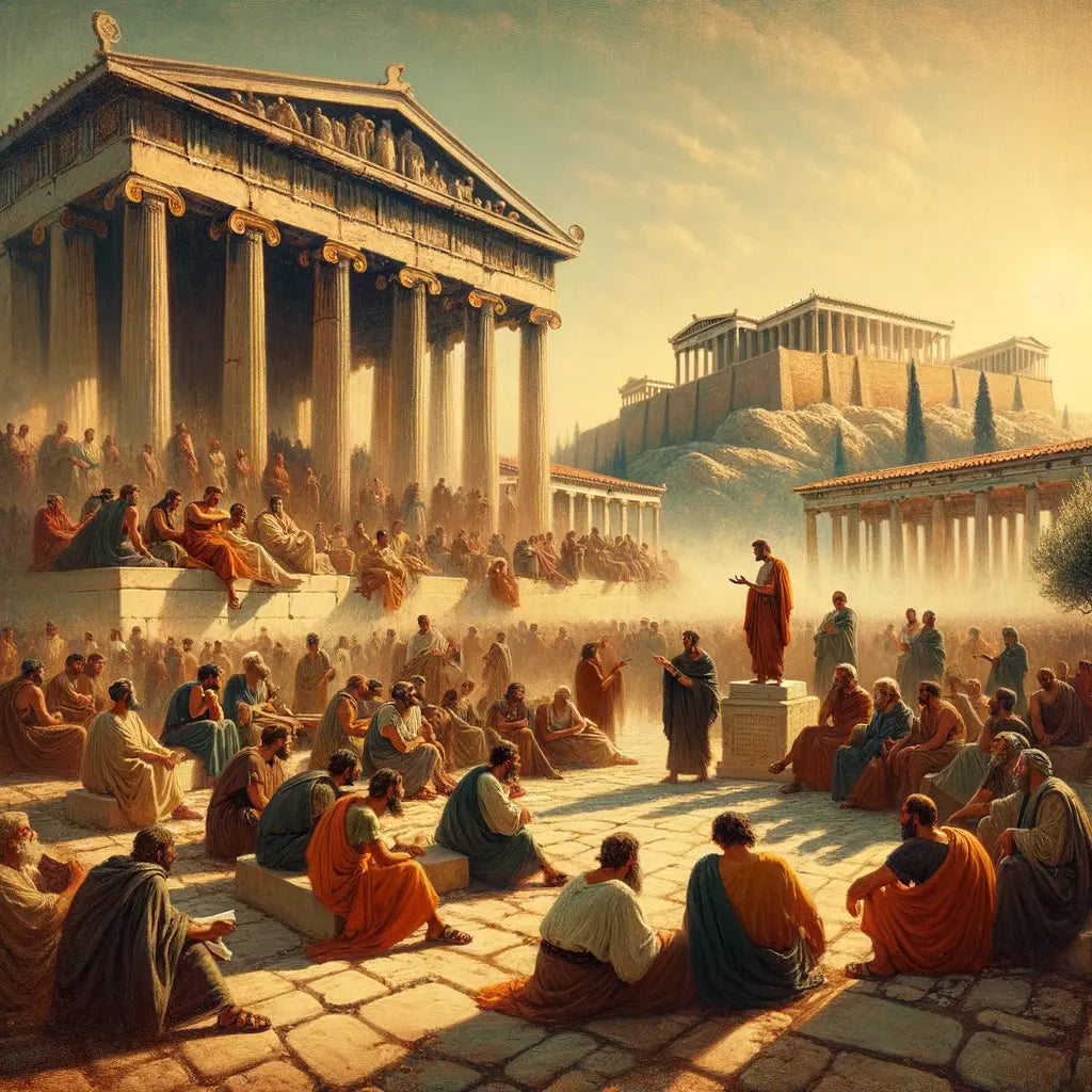Philosophers and citizens debating in an ancient Athenian marketplace, with iconic Greek architecture in the background, inspired by classic 1960s historical epics.