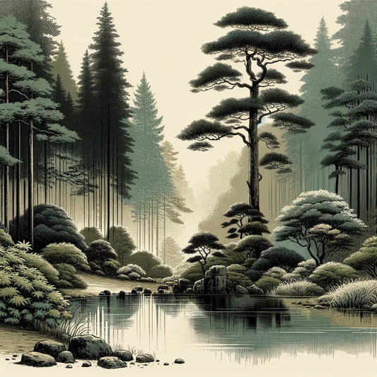 Ein ruhiges Wasserfeature in einer Waldlichtung, umgeben von üppigem Grün und weichem Licht, das durch die Bäume filtert — minimalistisch und von traditioneller japanischer Ästhetik inspiriert.