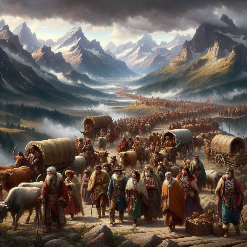 Helvetii tribe migrating through the Alps, with families and warriors against a majestic mountain backdrop, capturing the tension and scale of an epic journey.