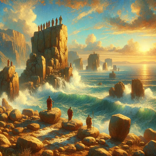 Dramatic waves crash against a rocky cliff under a golden sun, symbolizing the calm strength of Stoicism in a cinematic, Roman historical style.