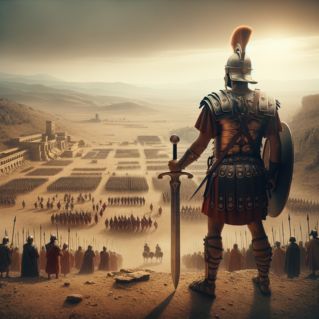 Roman soldier with a spatha sword on an ancient battlefield, capturing the shift from gladius to spatha, in the style of 1960s historical epics.