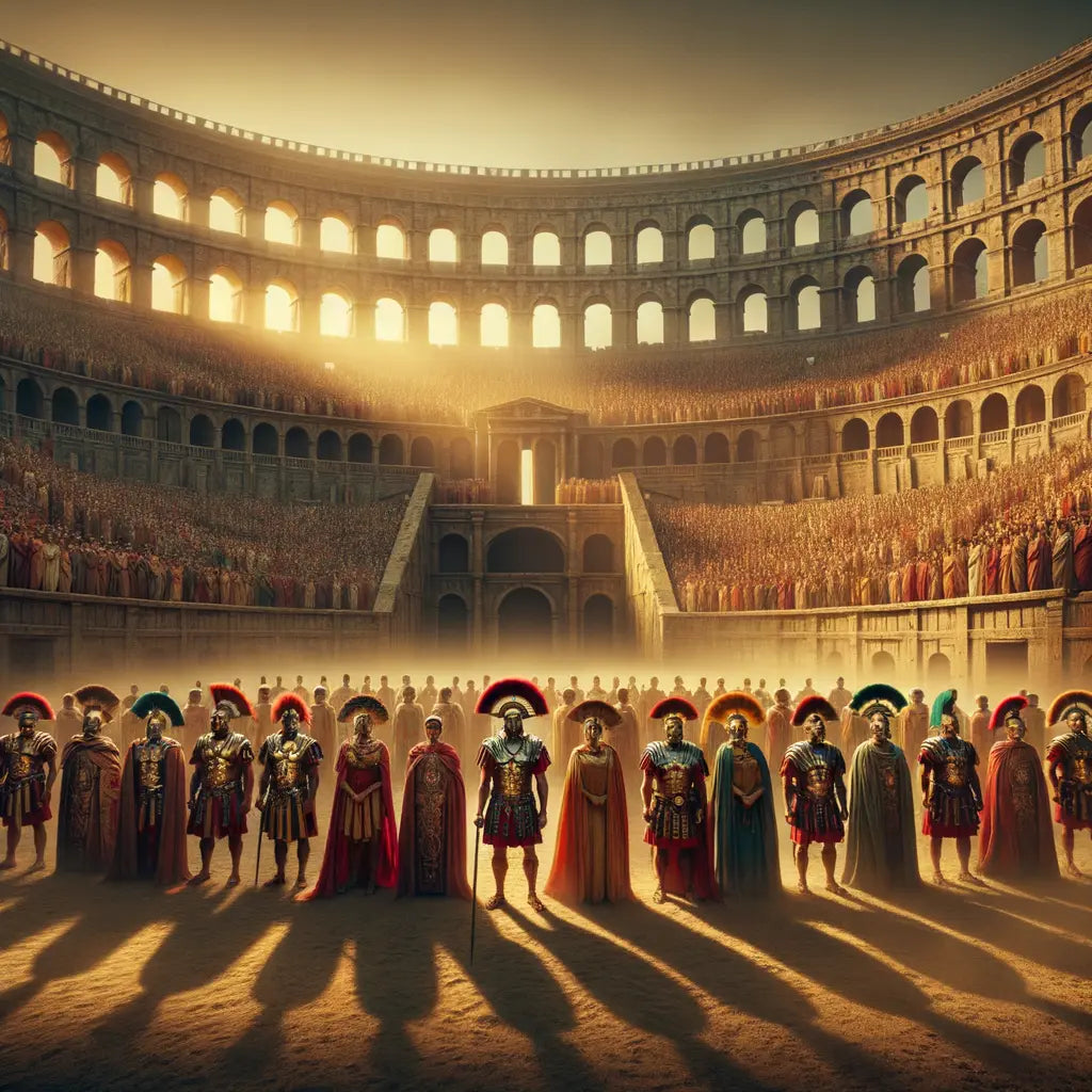Roman soldiers in colorful armor stand in formation within a grand amphitheater with spectators, reminiscent of the 1960s historical epic film style.