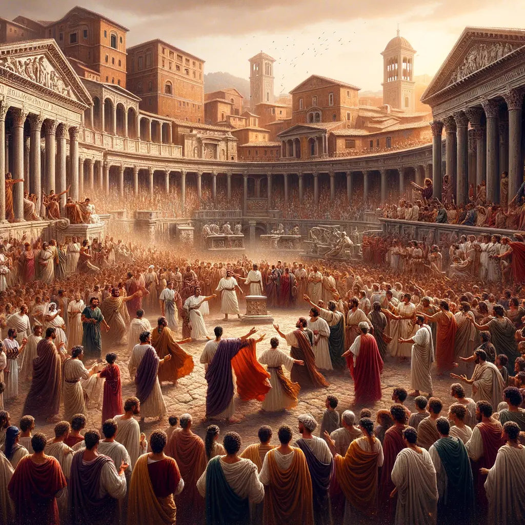 A bustling Roman forum with citizens in togas engaged in discussions, surrounded by arches and statues, styled like a 1960s historical epic.