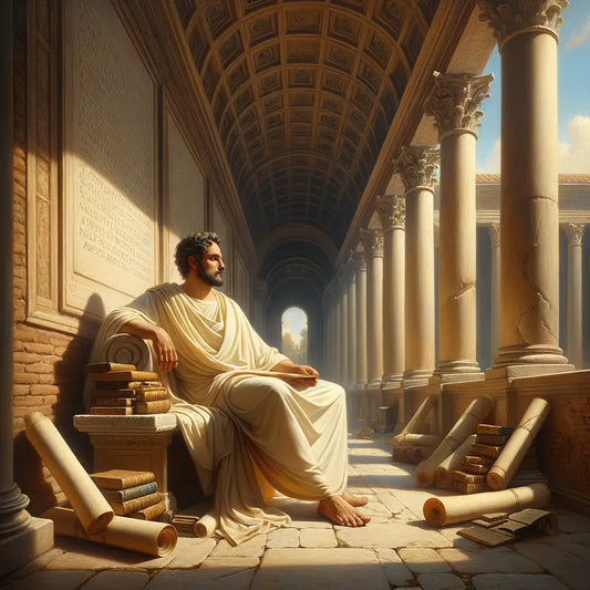 A Roman philosopher in a toga sits thoughtfully amidst scrolls and books in a serene colonnaded courtyard, evoking the style of 1960s historical epics.