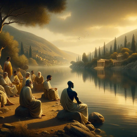 Philosophers in togas reflect on a serene lakeside, embodying Stoic tranquility in a classical Roman setting.