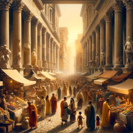Vivid scene of ancient Roman street with diverse populace and market stalls, set against classic architecture, inspired by 1960s epics.