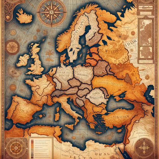 Historical map of Europe with Holy Roman Empire territories and Germany's modern borders, in a cinematic 1960s style.