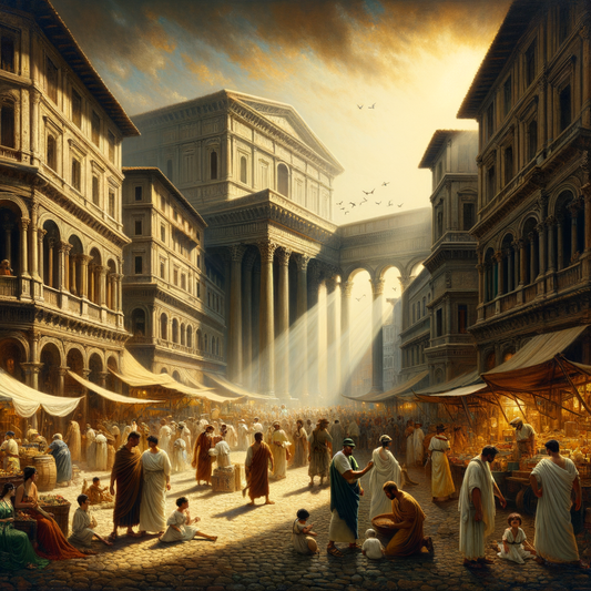 Bustling ancient Roman street scene with traders, children playing, and historic architecture, in a cinematic 1960s epic style.
