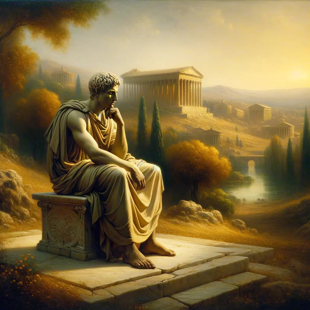 Marcus Aurelius seated in quiet contemplation in a serene Roman garden, symbolizing Stoic philosophy, painted in the style of classic historical films of the 1960s.