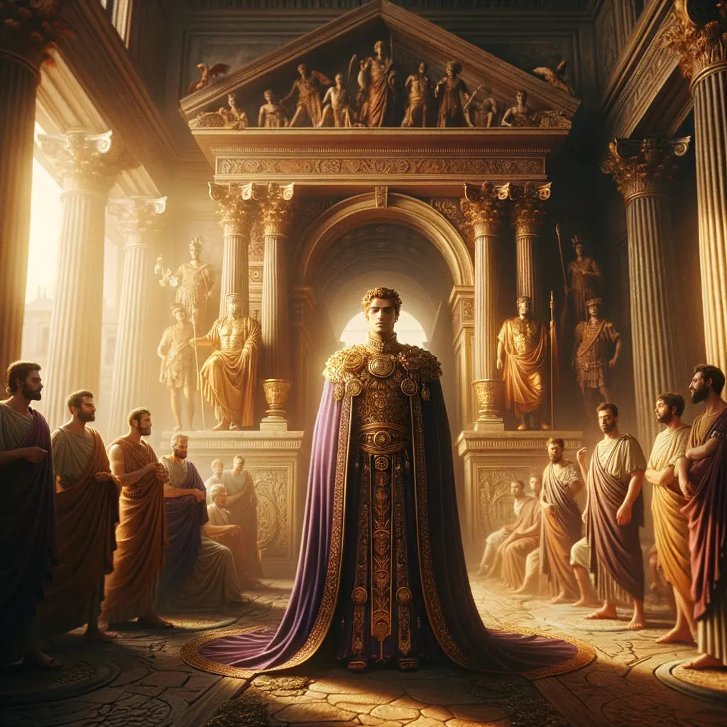A regal figure in purple and gold robes in an ancient Roman setting, symbolizing power and Stoic resilience, surrounded by majestic architecture.