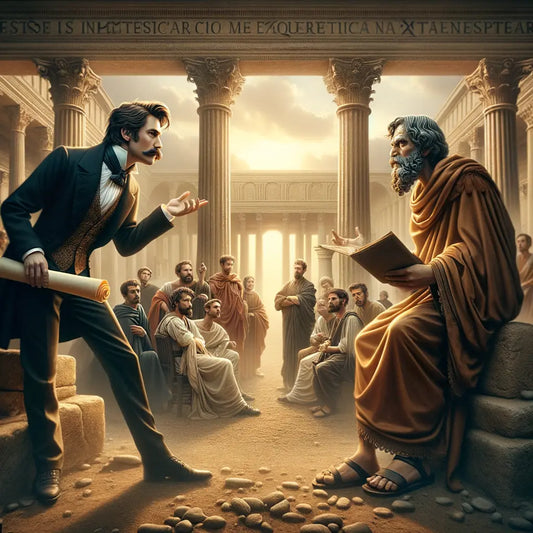 Nietzsche passionately debating with a Stoic philosopher in a Roman forum, surrounded by an audience, painted in a historical epic style.