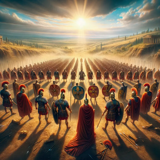 Roman army in strategic formation with armored soldiers holding shields and javelins, set against a historic landscape, inspired by 1960s epic films.