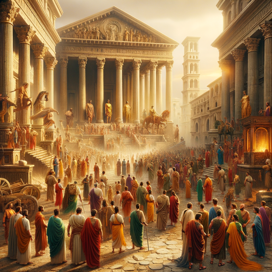 Citizens in vibrant togas on an ancient Roman street with classical architecture, inspired by 1960s historical epic films.