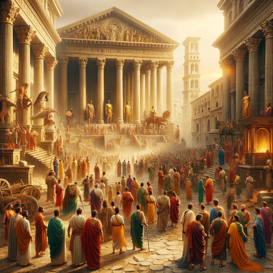 Citizens in vibrant togas on an ancient Roman street with classical architecture, inspired by 1960s historical epic films.