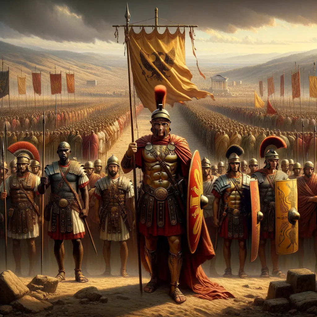 Roman legionaries in formation on a dust-swirled battlefield, embodying courage and unity, in a style reminiscent of 1960s historical epic films.