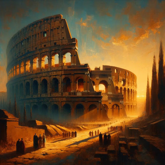 Silhouette of the Colosseum at sunset, symbolizing ancient Rome's majesty, inspired by classic 1960s historical epic films.