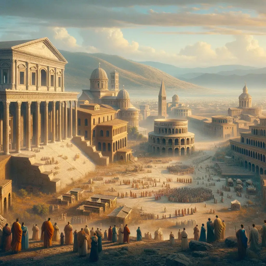 Panoramic view of ancient Roman and Byzantine architecture with a backdrop of historical landscapes, in the style of classic 1960s historical films.