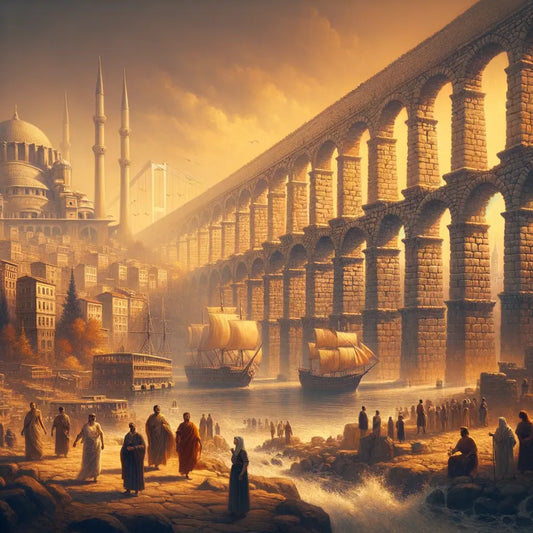 Aqueduct of Valens with its ancient arches in front of modern Istanbul cityscape, combining historical and contemporary elements in a cinematic style.