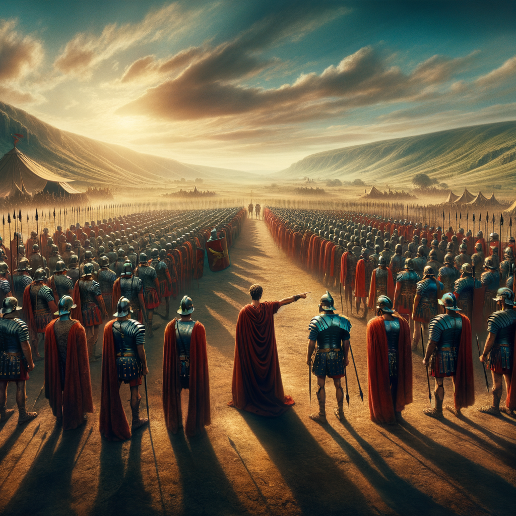 Roman legionaries in formation on a battlefield, wearing segmented armor and red cloaks, with a commanding officer leading under a dramatic sky, inspired by 1960s historical film style.