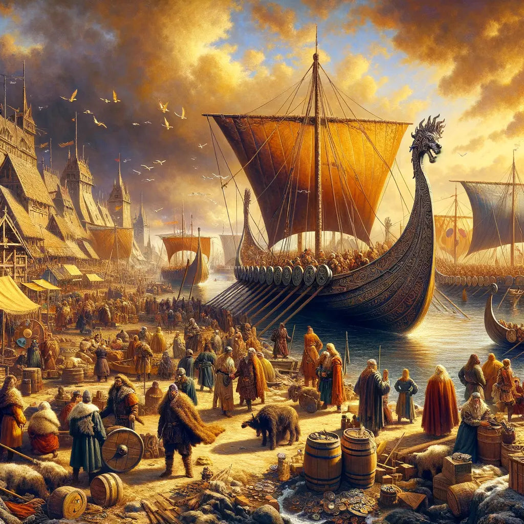 Viking longship docked in a bustling European harbor with merchants trading furs and metals, in a cinematic historical style.