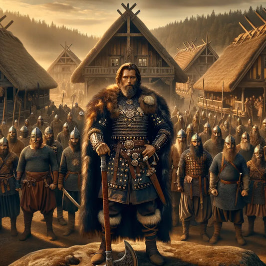 Viking chieftain with battle axe, surrounded by warriors before a village, in a 1960s epic style.
