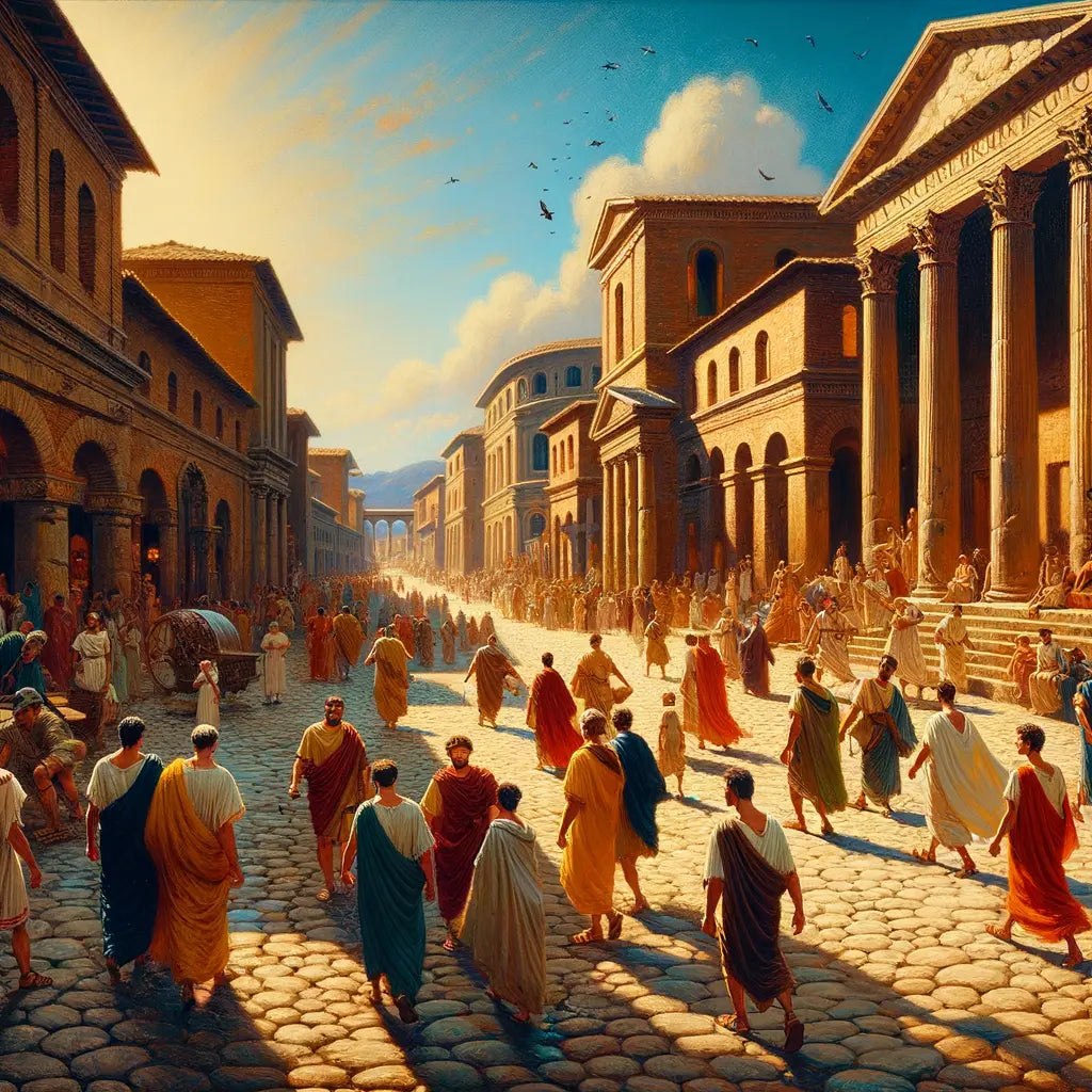 Ancient Roman citizens in traditional attire, walking on cobblestone streets, with tunics, togas, and stolae, in a 1960s historical epic style.