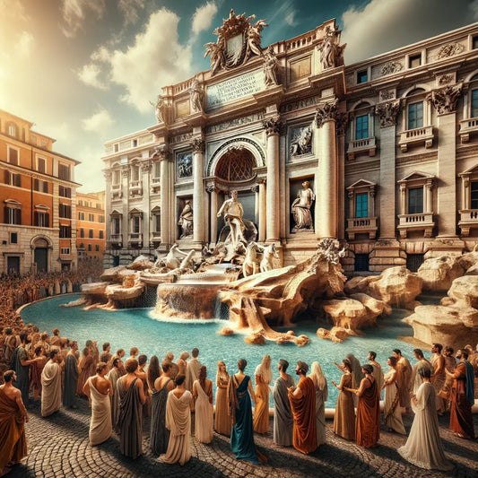 A cinematic painting of the Trevi Fountain in Rome, with water cascading over marble sculptures, inspired by 1960s historical film style.