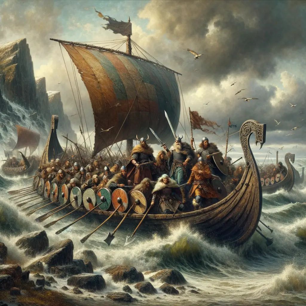 Viking warriors on a longship amidst stormy seas and rugged coastlines, inspired by 1960s historical epic films.