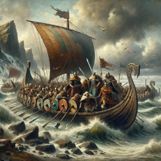 Viking warriors on a longship amidst stormy seas and rugged coastlines, inspired by 1960s historical epic films.