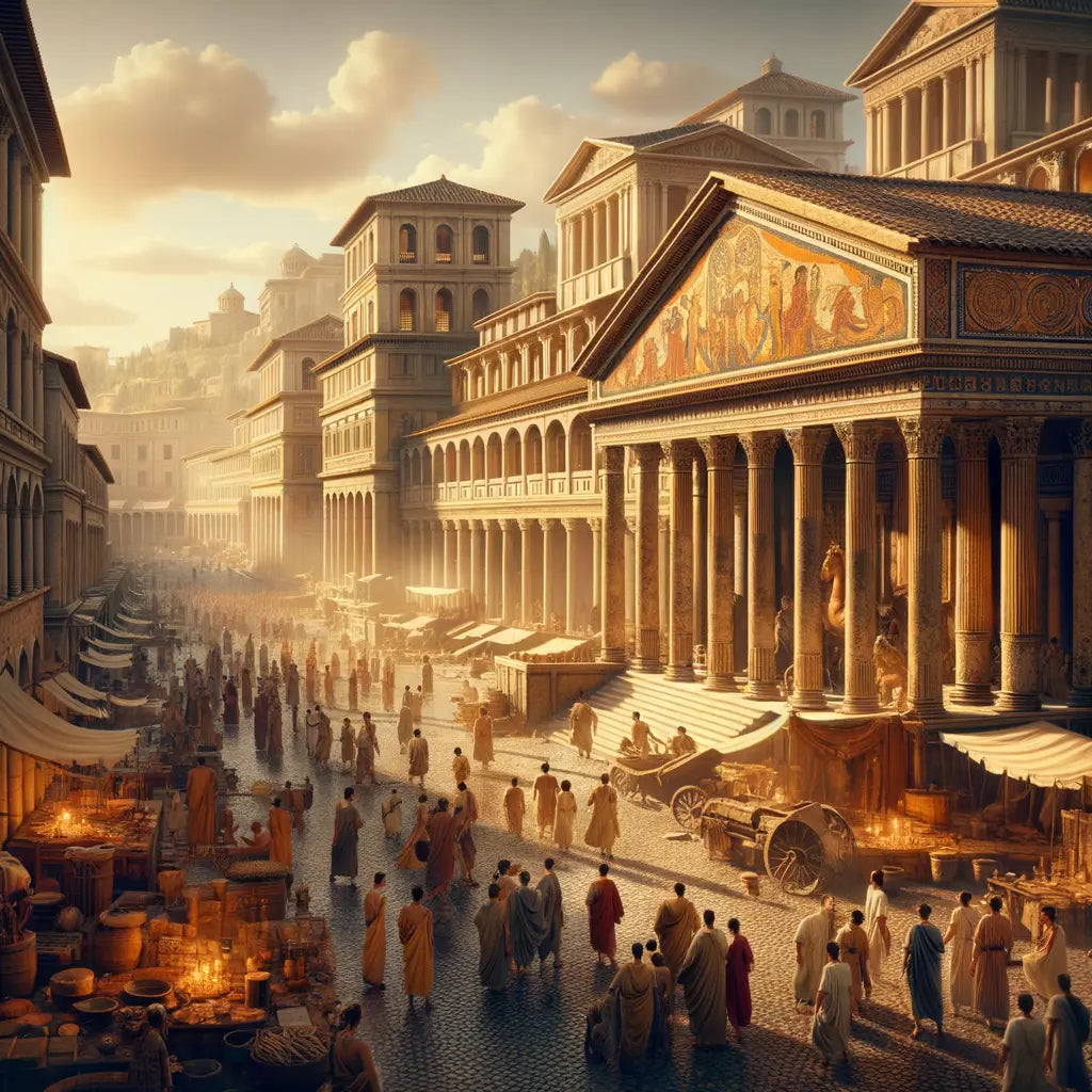 Bustling ancient Roman street with mosaics and insulae, in the style of 1960s historical film epics.