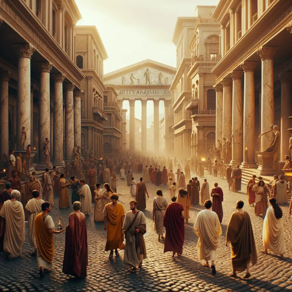 Scenic view of ancient Rome's cobblestone streets with people in togas and stolas, reflecting historical fashion and social life.