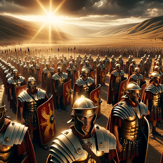 Roman legionaries in formation on a sunny battlefield, with gleaming bronze helmets, inspired by 1960s historical epic style.