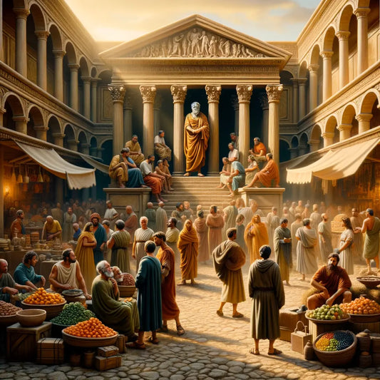 Seneca-like philosopher in a Roman marketplace, engaging crowds in a lively stoic debate, with classic Roman architecture around, inspired by 1960s historical film aesthetics.