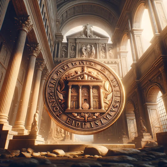 Intricately detailed Roman coin against a backdrop of grand ancient Roman architecture, inspired by 1960s historical film style.