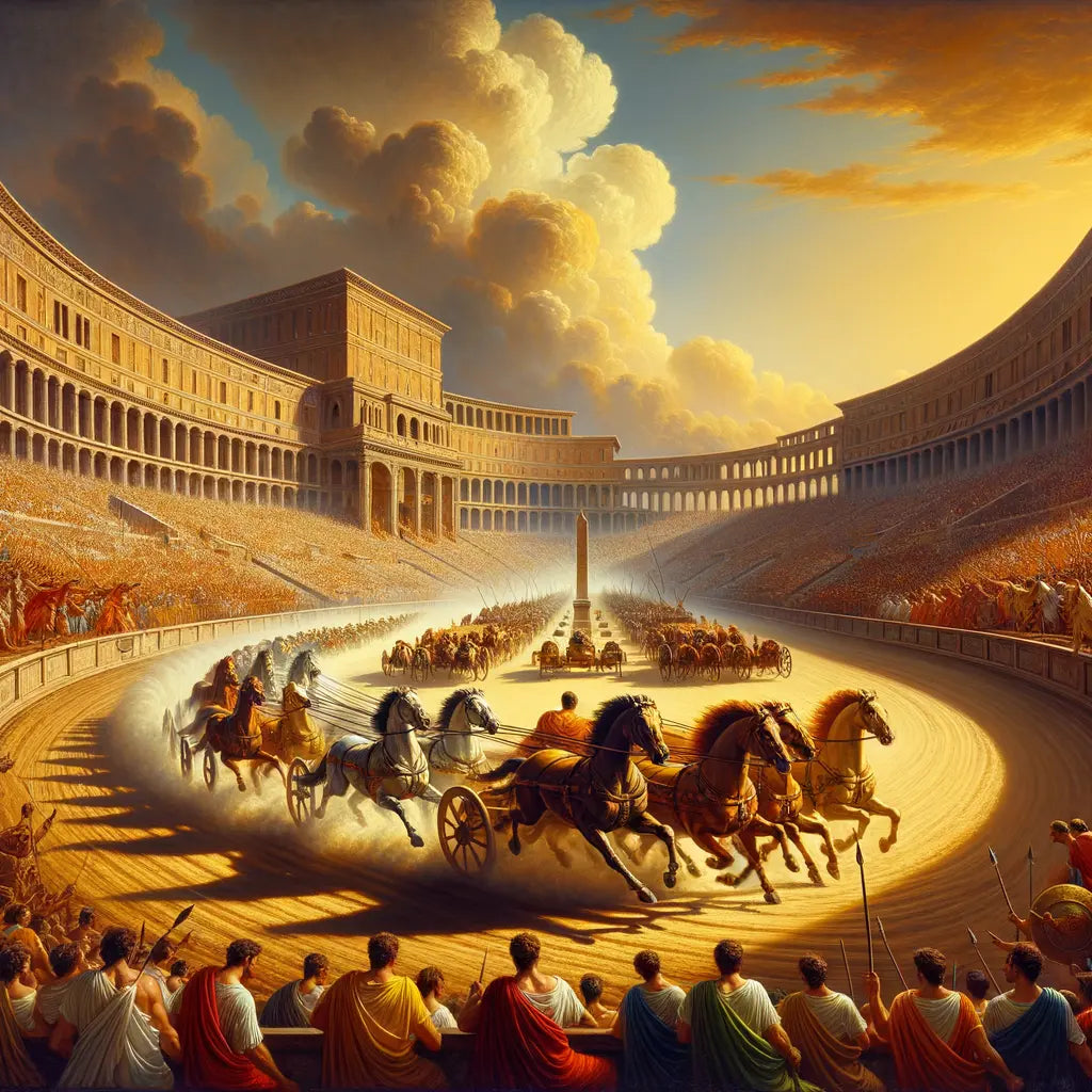 Ancient Roman chariot race at Circus Maximus, with charioteers in fierce competition and a lively crowd, styled after 1960s historical epics.