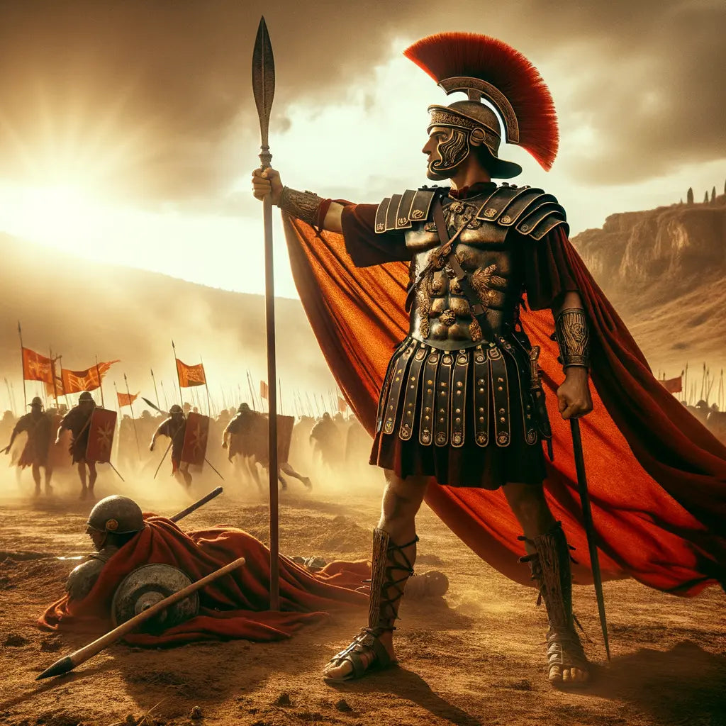 Roman legionary in battle, wielding a gladius with a pilum and scutum nearby, set against a chaotic battlefield backdrop, inspired by 1960s historical epics.
