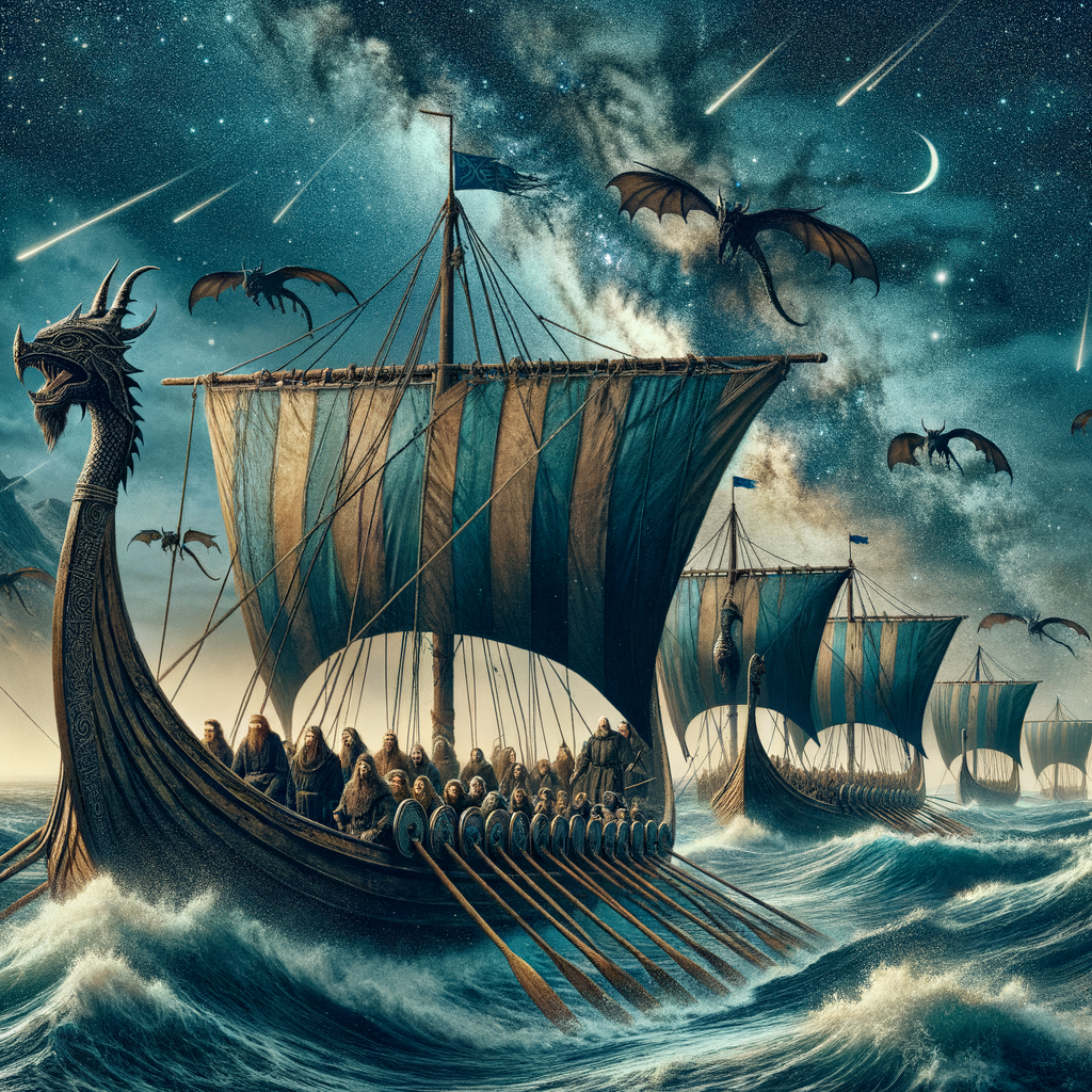 Viking longships sailing the North Sea under a starry sky, reminiscent of classic epic films.