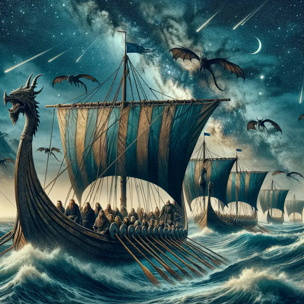 Viking longships sailing the North Sea under a starry sky, reminiscent of classic epic films.