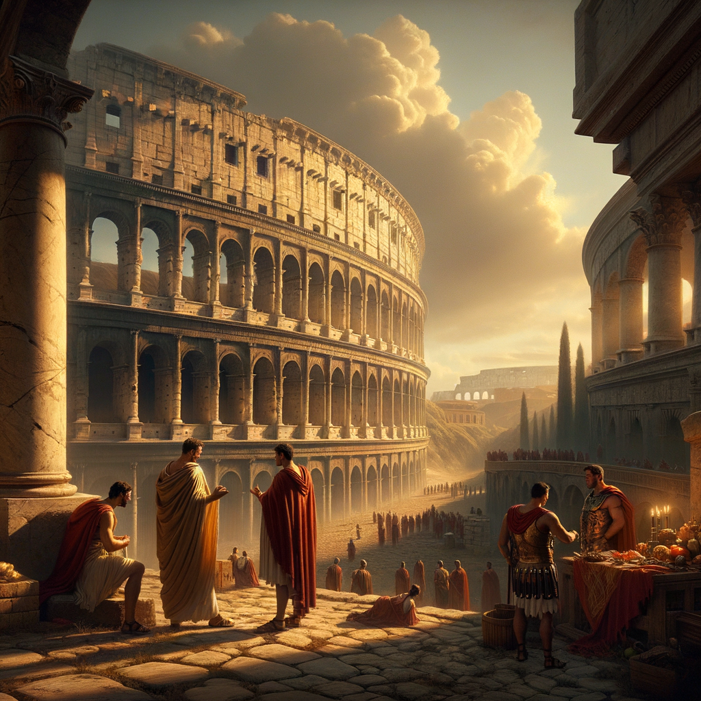 Panoramic view of the Roman Colosseum under a dramatic sky, with Roman figures symbolizing the empire's grandeur and decline, in a style akin to 1960s historical epics.