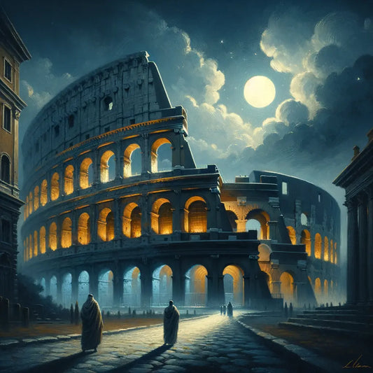 Nighttime view of the Colosseum with moonlit arches and shadows, capturing the serene ambiance of ancient Rome.