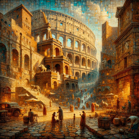 Ancient Roman streets with graffiti, the Colosseum in the background, and the Capitoline Wolf sculpture, capturing the essence of Roman daily life and mythology in a 1960s epic film style.