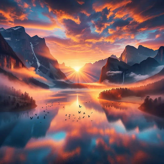 A tranquil sunrise landscape with a lake and mountains.