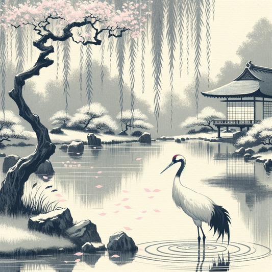 Ein einsamer Kranich an einem ruhigen Teich in einem traditionellen japanischen Garten, mit sanften Farben und einer friedlichen Atmosphäre.
