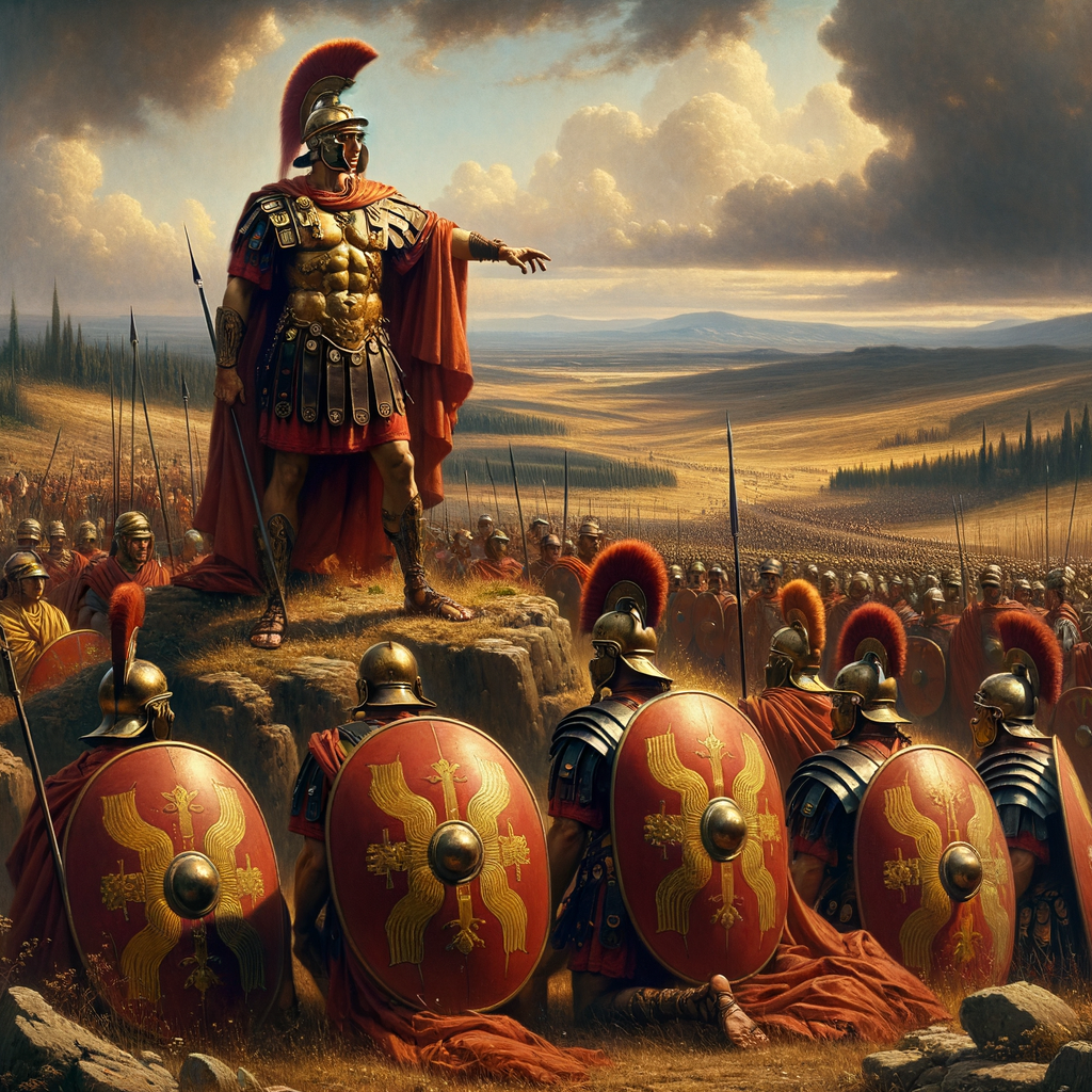 Roman soldiers in testudo formation on an ancient battlefield led by a commanding officer, reminiscent of a 1960s historical epic.
