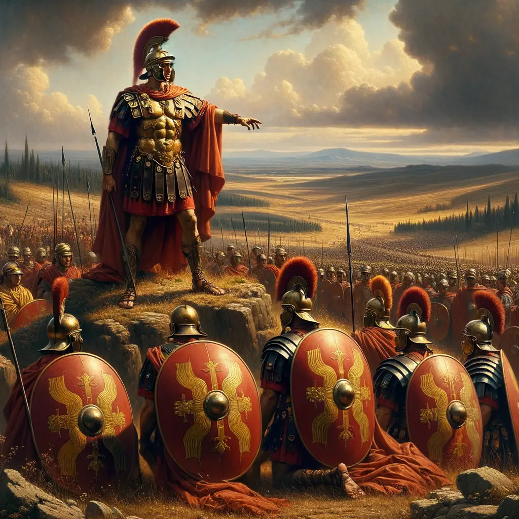 Roman soldiers in testudo formation on an ancient battlefield led by a commanding officer, reminiscent of a 1960s historical epic.