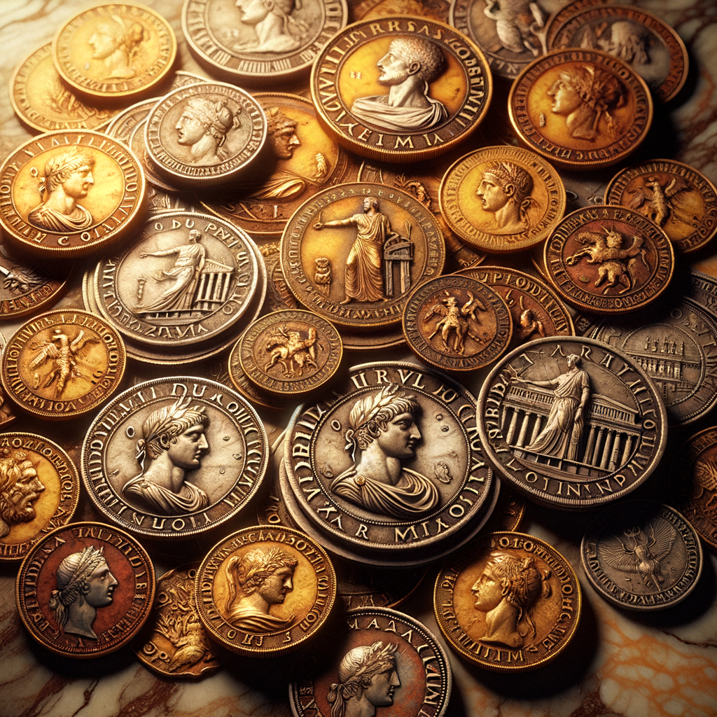 Close-up of ancient Roman coins displayed on marble, with symbols of emperors, gods, and events, inspired by 1960s historical films.