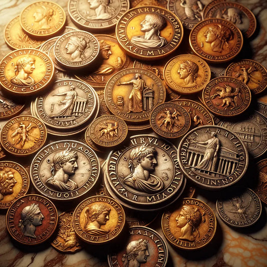 Close-up of ancient Roman coins displayed on marble, with symbols of emperors, gods, and events, inspired by 1960s historical films.